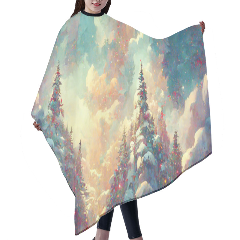 Personality  Fairy Forest, Christmas Big Snowy Fir Trees Against Background. Natural Scenery Realistic Illustration. 3D Render Beautiful Artwork. Colorful Impressionism. Hair Cutting Cape