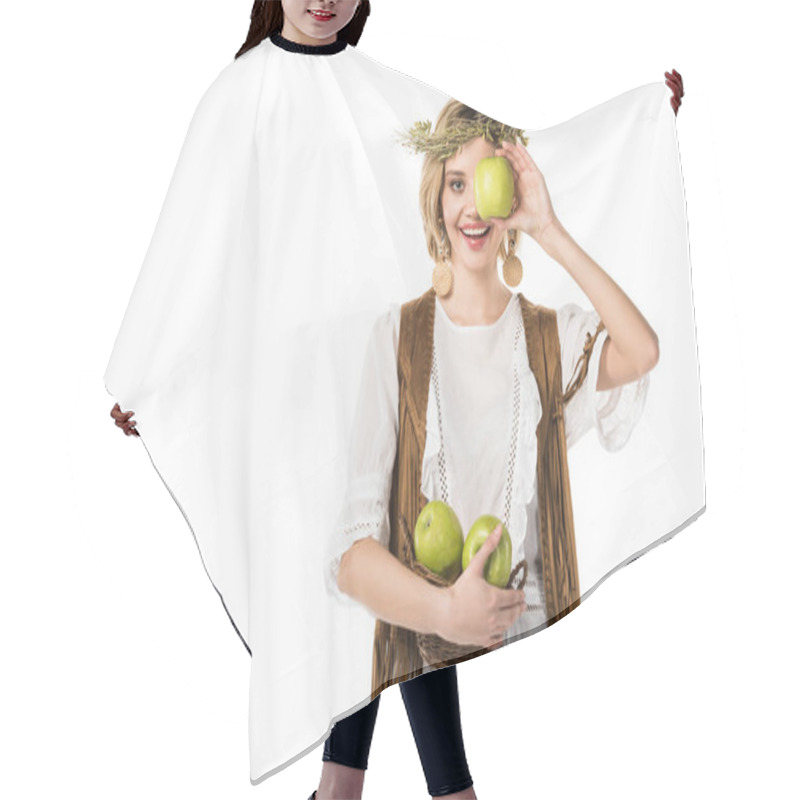 Personality  Pretty Boho Girl In Wreath With Ripe Apples Isolated On White Hair Cutting Cape