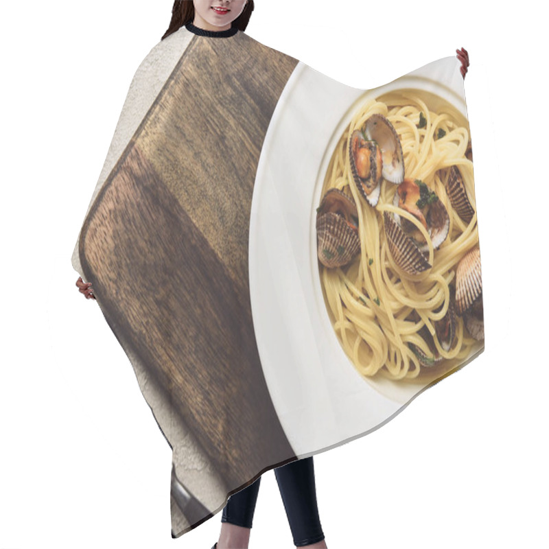 Personality  Close Up View Of Delicious Pasta With Mollusks On Wooden Cutting Board On White Background Hair Cutting Cape