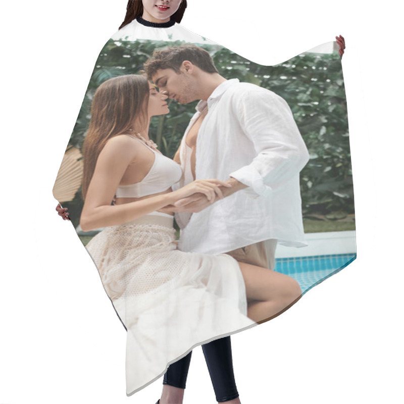 Personality  Sexy Couple Sitting At Poolside And Hugging During Vacation In Luxury Resort, Before Kiss Moment Hair Cutting Cape