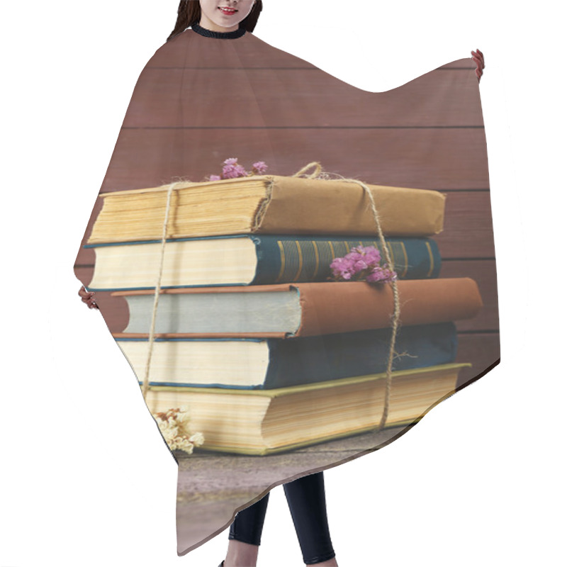 Personality  Stack Of Books With Dry Flowers On Wooden Background Hair Cutting Cape