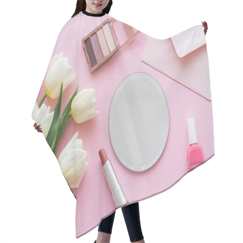 Personality  Top View Of White Tulips Near Envelope And Decorative Cosmetics On Pink Hair Cutting Cape