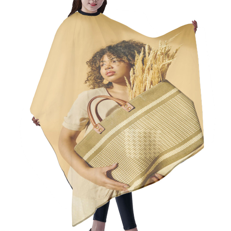 Personality  A Beautiful Young African American Woman With Curly Hair Holds A Basket Brimming With Wheat Stalks, Exuding A Serene Presence. Hair Cutting Cape