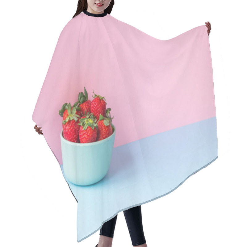 Personality  Minimalist Image Of A Bowl Full Of Strawberries On A Light Blue And Pink Background. Copy Space Available. Hair Cutting Cape