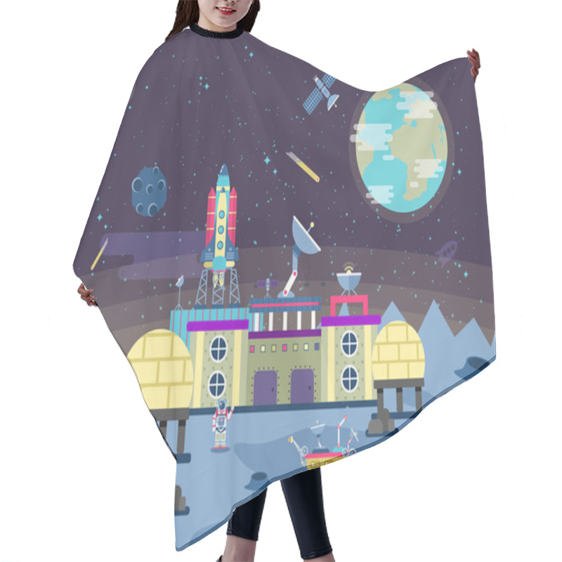 Personality  Illustration Of A Project To Develop The Planet Surface,  Permanent Habitable Base, Colonization  The Moon And Near-Earth Space In The Flat Style Hair Cutting Cape