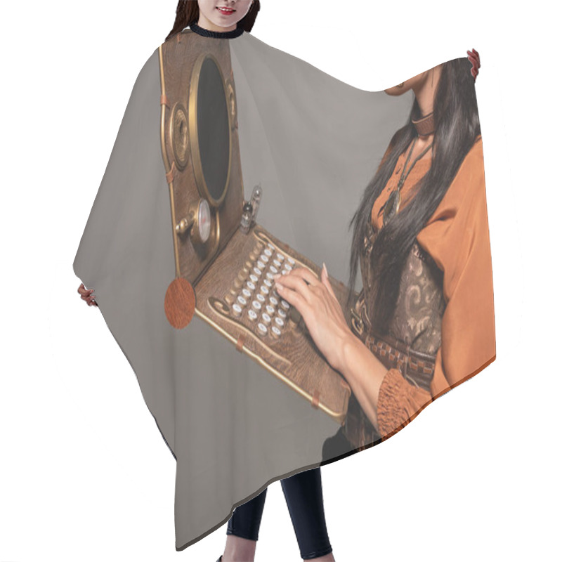 Personality  Cropped View Of Woman Using Steampunk Laptop Isolated On Grey Hair Cutting Cape