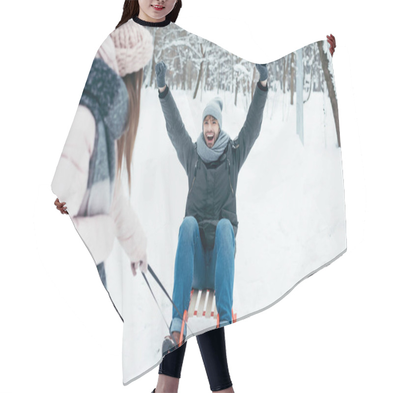 Personality  Partial View Of Young Couple Sledging Together On Winter Day In Park Hair Cutting Cape