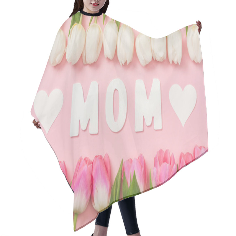 Personality  White And Pink Tulips, Paper Word Mom And Paper Hearts On Pink Background Hair Cutting Cape