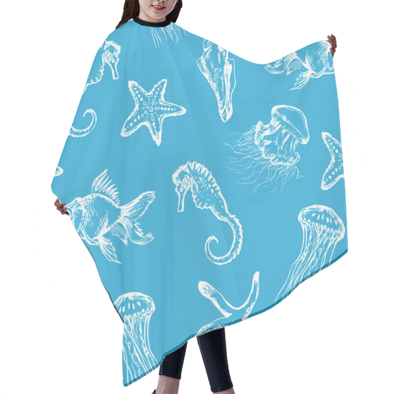 Personality  Seamless Hand Drawn Pattern With Sea Creatures Hair Cutting Cape