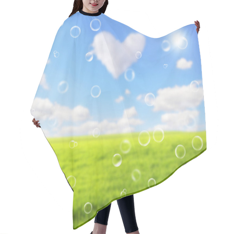 Personality  Abstract Bubles Over Green Wheat Field And Clouds Heart Over It. Hair Cutting Cape