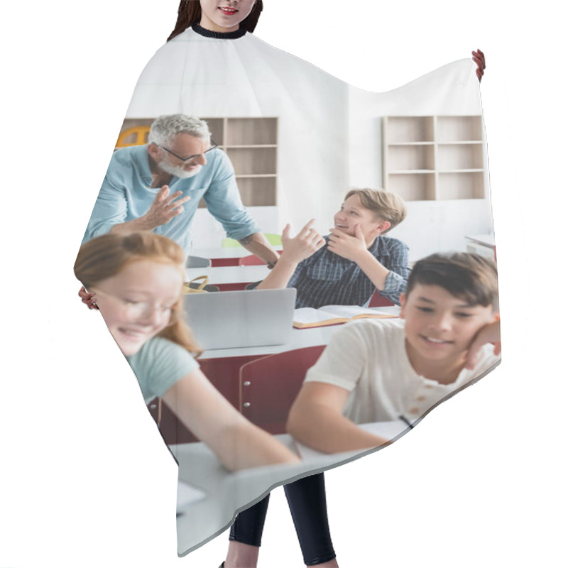 Personality  Cheerful Teacher And Schoolboy Talking Near Multiethnic Classmates  Hair Cutting Cape