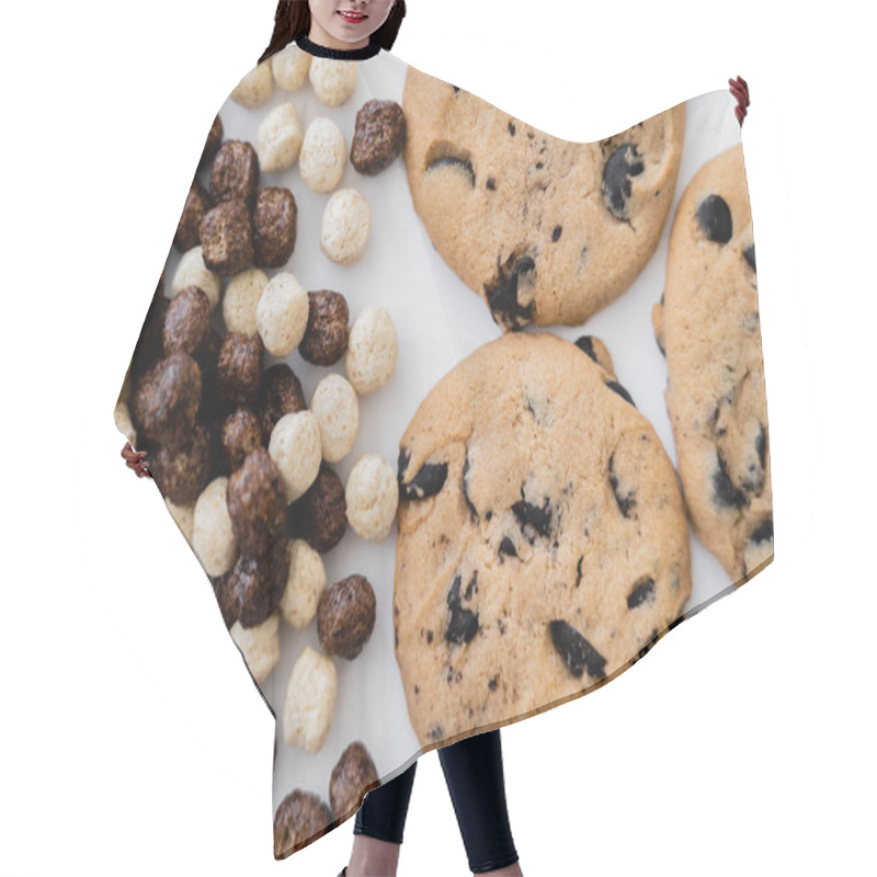 Personality  Top View Of Cereal Balls With Vanilla And Chocolate Flavors Near Delicious Cookies Isolated On White  Hair Cutting Cape