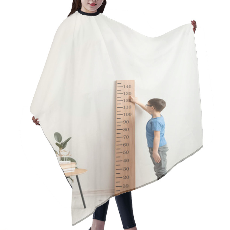 Personality  Little Boy Measuring Height At Home Hair Cutting Cape