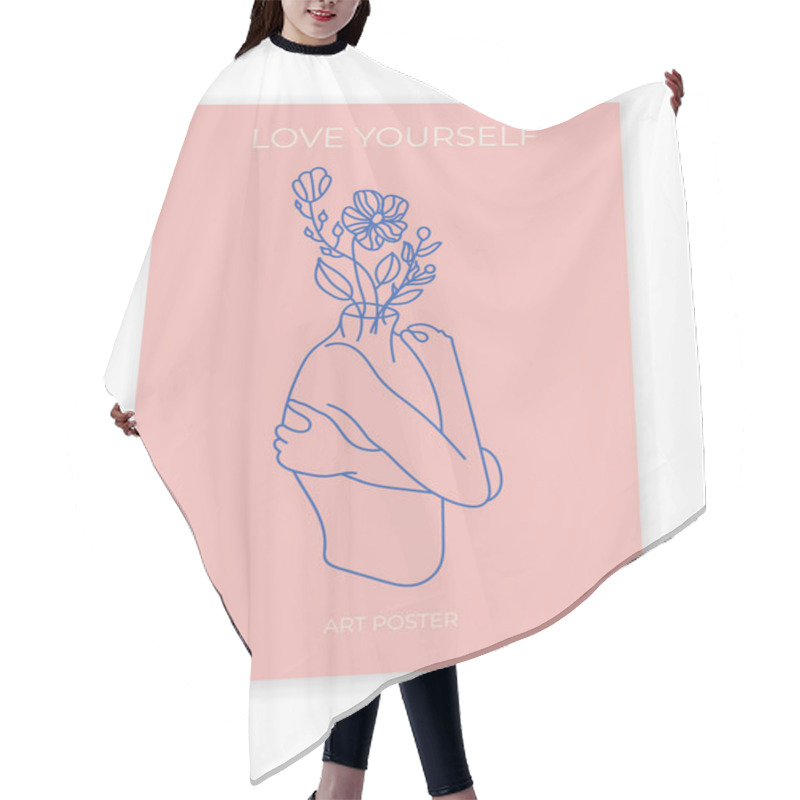 Personality  Love Yourself Poster. Woman Hugging Herself With Hearts On Pink Background. Love Your Body Concept. Vector Line Illustration Hair Cutting Cape