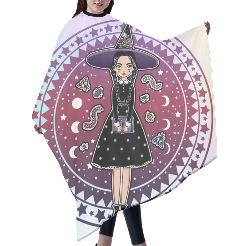 Personality  Vector Illustration Design Of Gothic Dark Witch With Magic Book For Happy Halloween Card Hair Cutting Cape