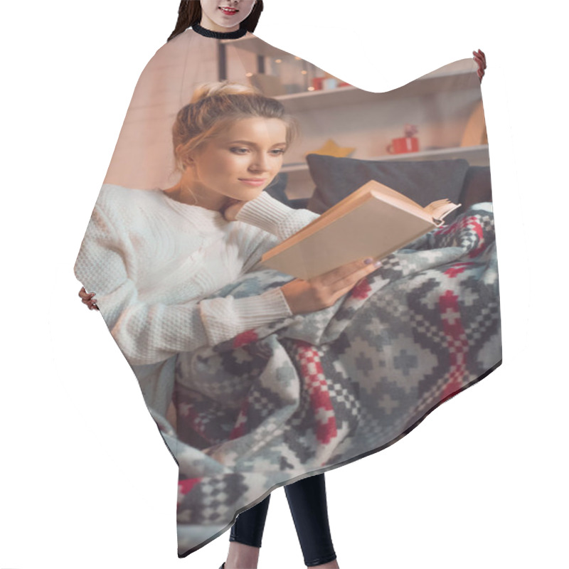 Personality  Beautiful Smiling Woman Reading Book At Home In Patterned Blanket On Christmas Eve Hair Cutting Cape