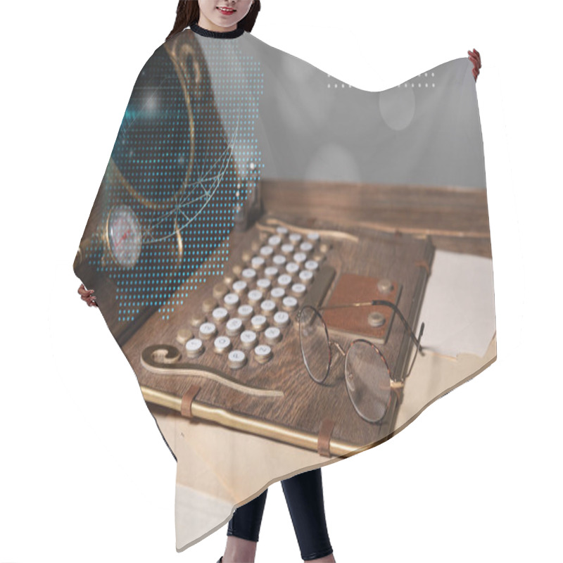 Personality  Steampunk Laptop With Data Illustration, Glasses And Documents On Wooden Table Isolated On Grey Hair Cutting Cape