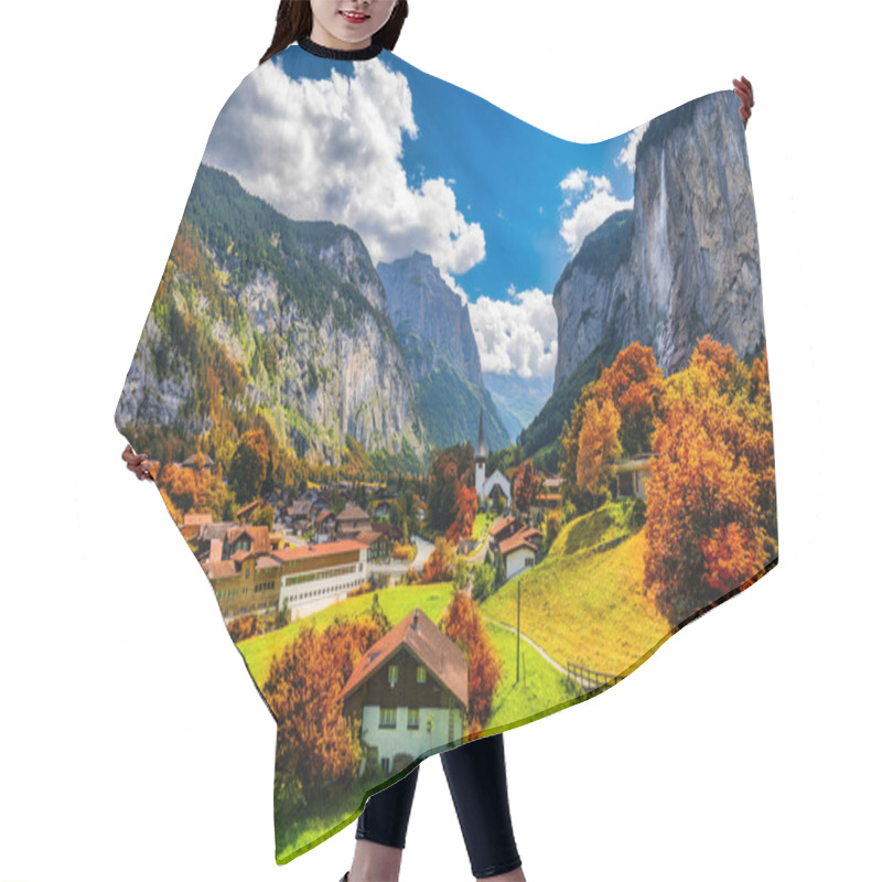 Personality  Captivating Autumn View Of Lauterbrunnen Valley With Gorgeous Staubbach Waterfall And Swiss Alps At Sunset Time. Lauterbrunnen Village With Autumn Red Foliage, Berner Oberland, Switzerland, Europe. Hair Cutting Cape