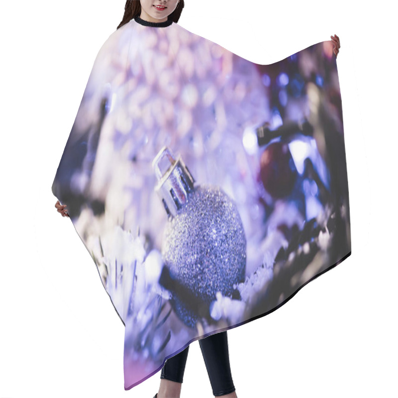 Personality  Close Up View Of Christmas Ball With Blurred Decorative Snowflake On Background Hair Cutting Cape