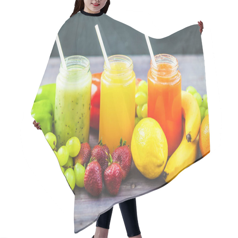 Personality  Freshly Squeezed Fruit Juice, Smoothies Yellow Orange Green Blue Banana Lemon Apple Orange Kiwi Grape Strawberry On A Dark Wooden Background Copy Space Hair Cutting Cape