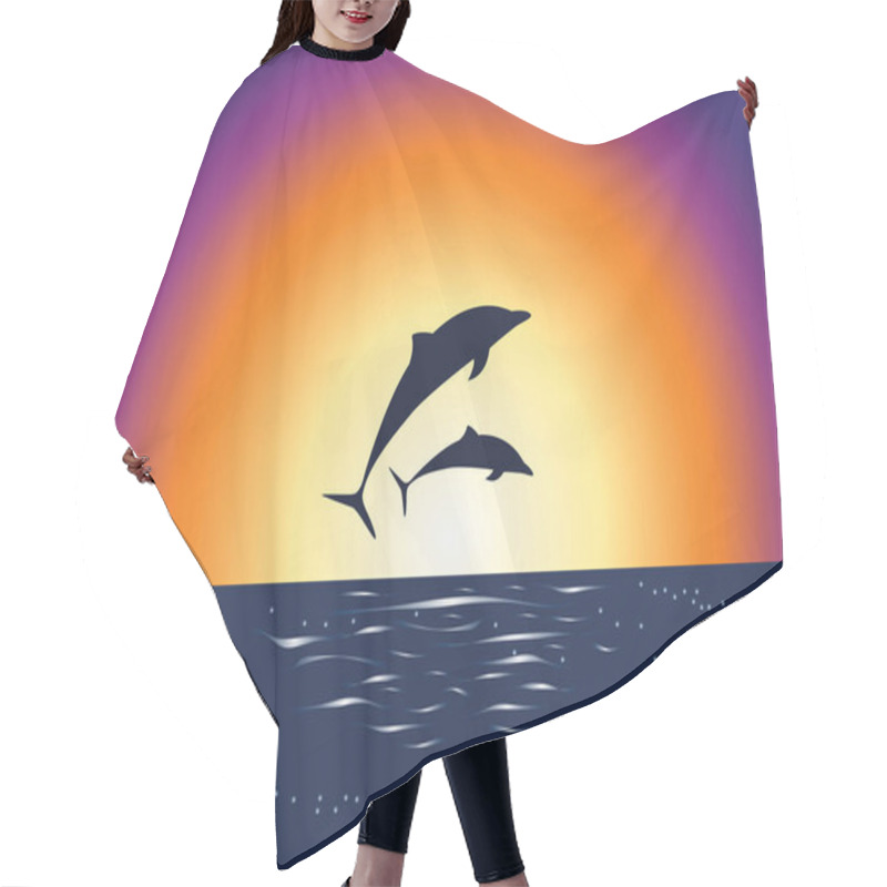 Personality  Two Dolphins Silhouette Jumping At Sunrise Sea And Ocean Hair Cutting Cape