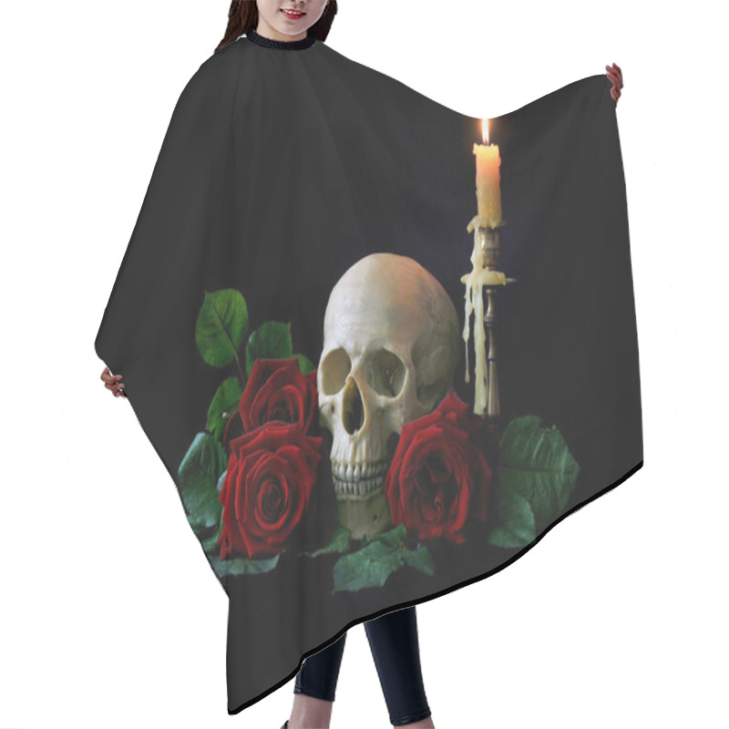 Personality  Vanitas. Human Skull With Red Roses Isolated Hair Cutting Cape