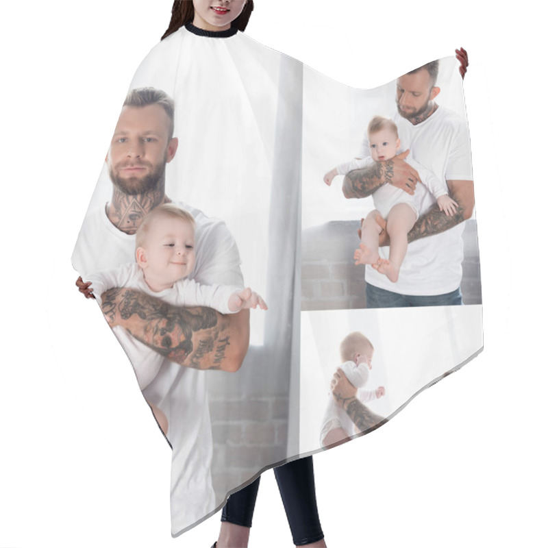 Personality  Collage Of Young Tattooed Man In White T-shirt Holding Infant Son In Baby Romper At Home Hair Cutting Cape