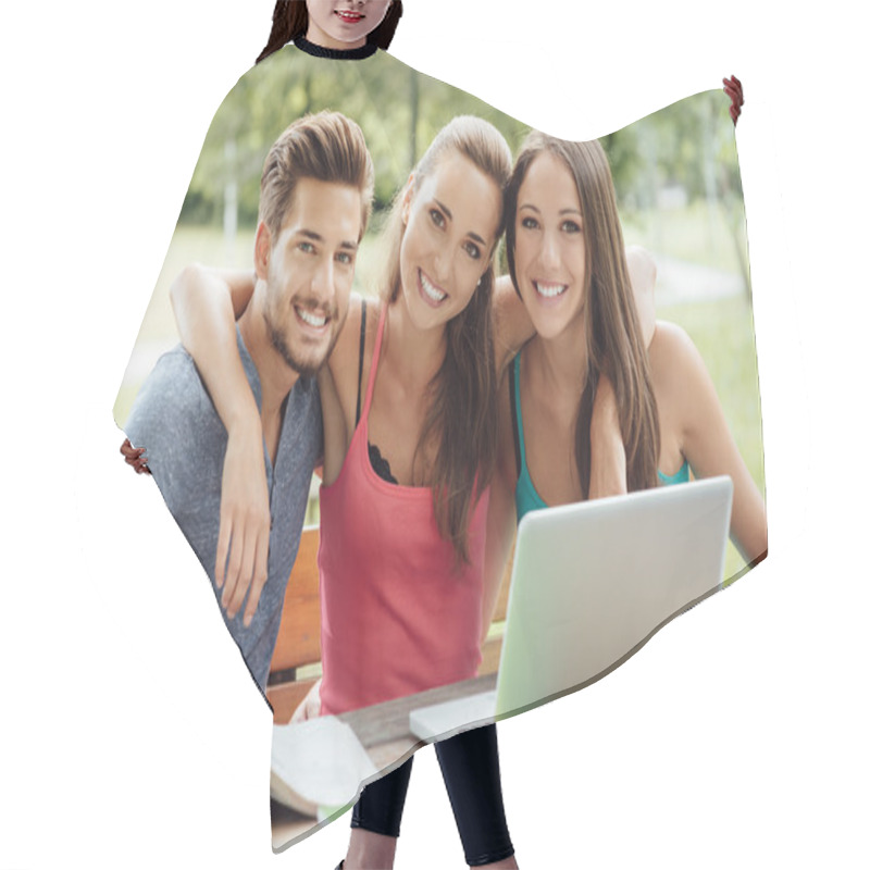 Personality  Man And Two Girls  Smiling Hair Cutting Cape