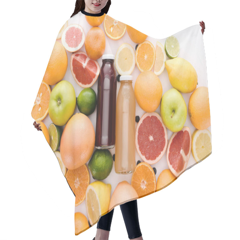 Personality  Top View Of Bottles Of Fresh Juice With Ripe Citrus Fruits Slices On White Surface Hair Cutting Cape