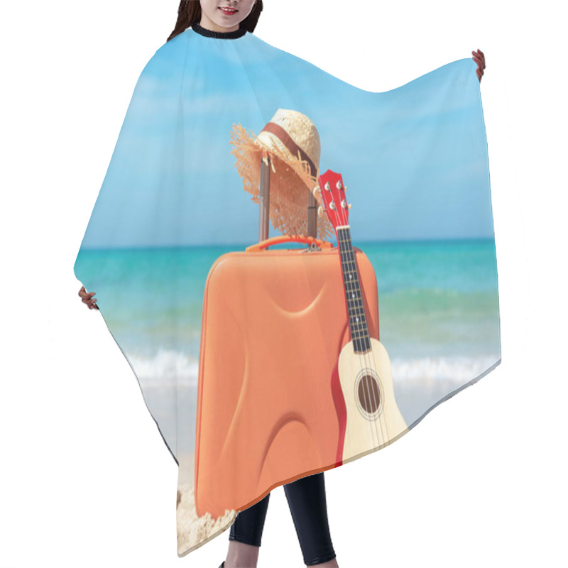 Personality  Vacation Holiday Traveling And Planning With Old Suitcase Guitar And Hat On The Sand Beach. Travel In The Holiday.   Summer And Travel Concept  Hair Cutting Cape