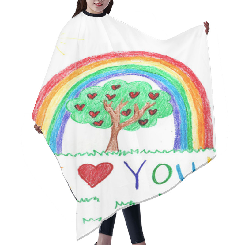 Personality  Child's Crayon Drawing Of Rainbow And Happy Tree With Hearts Hair Cutting Cape