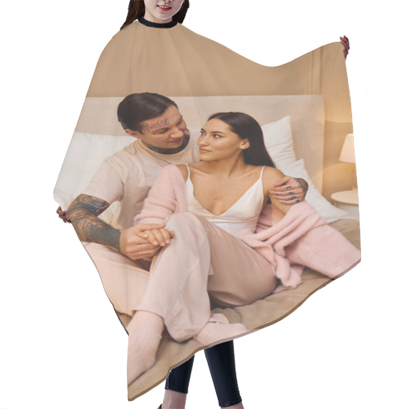 Personality  Couple Enjoys Intimate Time On The Bed, Reflecting Love And Connection In A Warm Atmosphere. Hair Cutting Cape