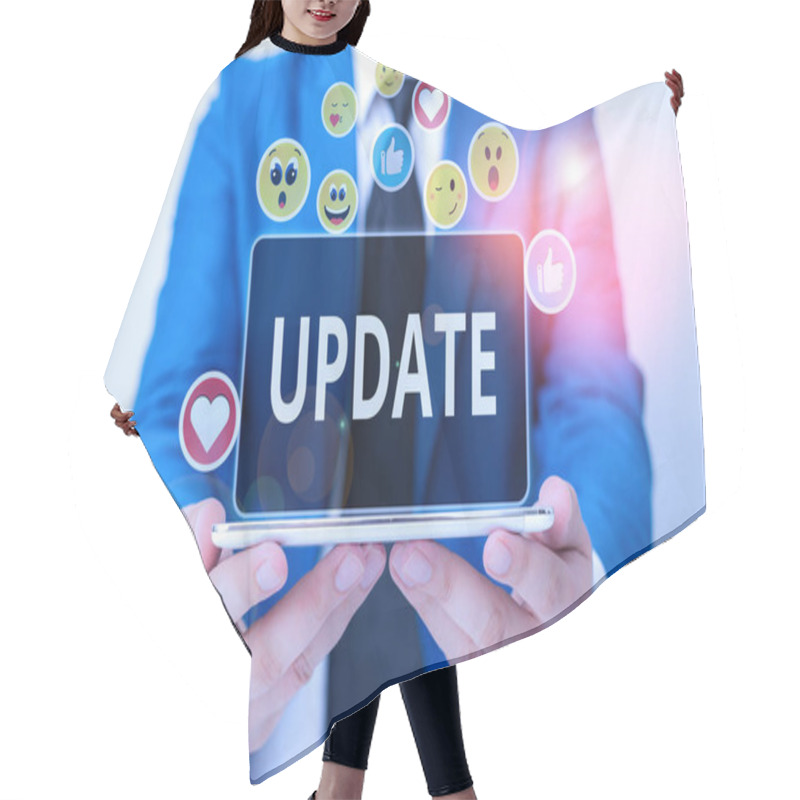 Personality  Writing Note Showing Update. Business Photo Showcasing By Adding New Information Or Making Corrections Up To Date. Hair Cutting Cape