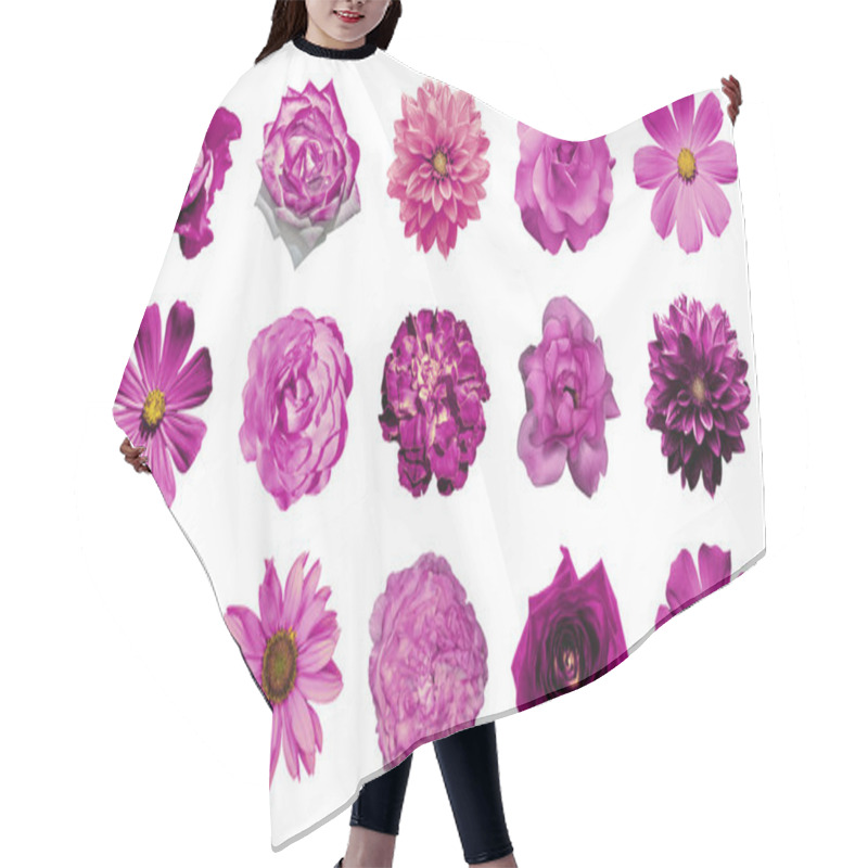 Personality  Mix Collage Of Natural And Surreal Pink Flowers 15 In 1: Dahlias, Primulas, Perennial Aster, Daisy Flower, Roses, Peony Isolated On White Hair Cutting Cape