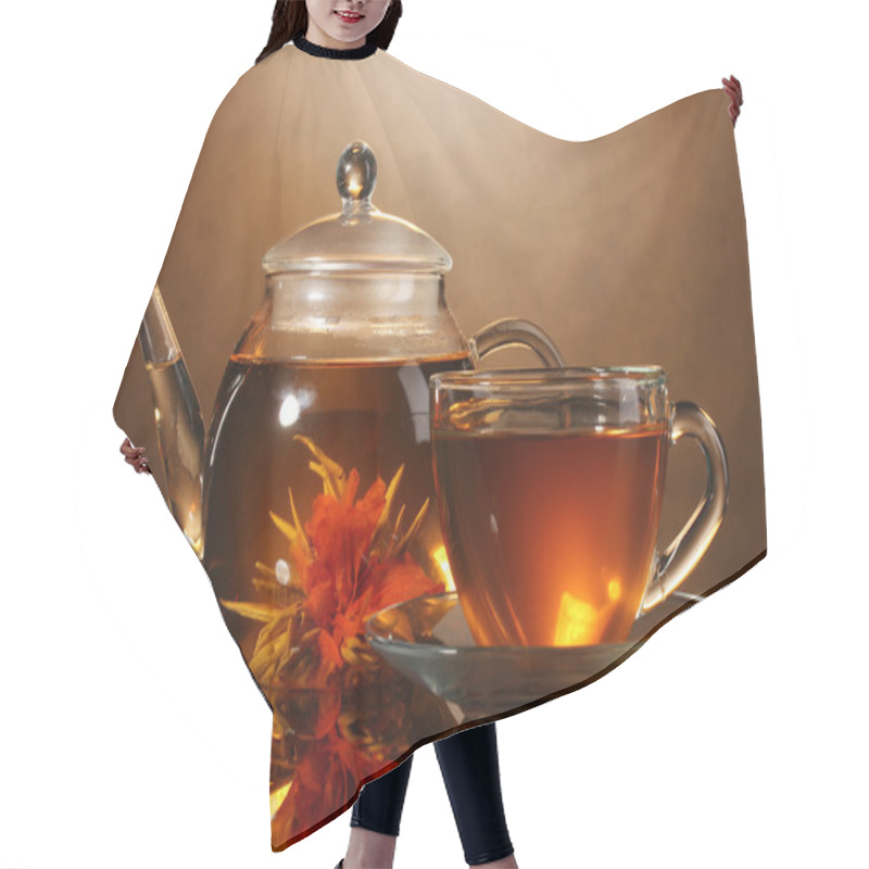 Personality  Glass Teapot And Cup With Exotic Green Tea On Wooden Table On Brown Backgro Hair Cutting Cape