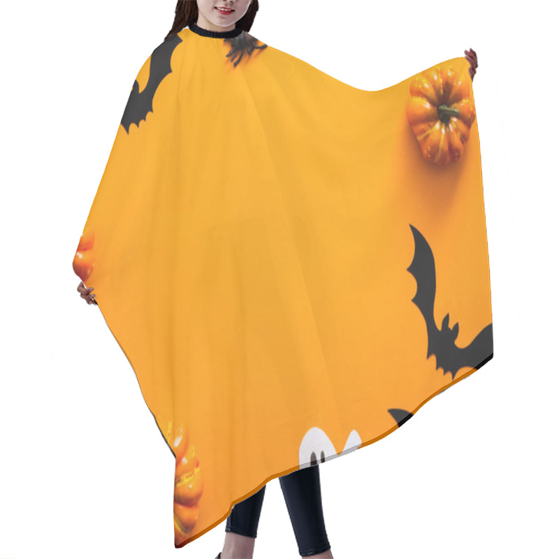 Personality  Happy Halloween Holiday Concept. Halloween Decorations, Pumpkins, Bats, Ghosts, On Orange Background. Halloween Party Greeting Card Mockup With Copy Space. Flat Lay, Top View, Overhead. Hair Cutting Cape