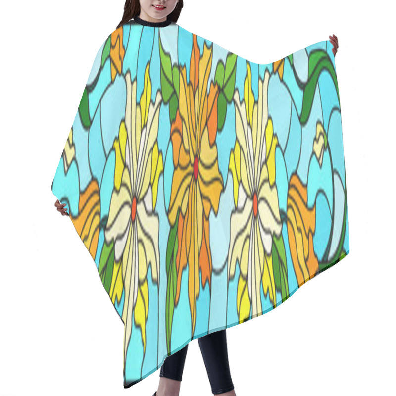 Personality  Illustration In Stained Glass Style With Flowers, Leaves And Buds Of Yellow  Flowers On A Blue Background, Symmetrical Image, Horizontal Orientation Hair Cutting Cape