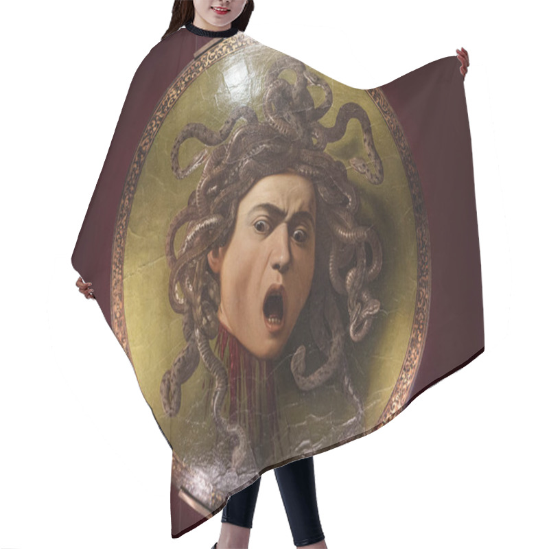 Personality  Florence, Italy - May 23, 2023: Famous Painting Masterpiece Of Medusas Head With Snakes Hair, Mouth Agape In Terror, Displayed On A Round Shield By Baroque Painter Caravaggio In Uffizi Gallery, Italy. Hair Cutting Cape