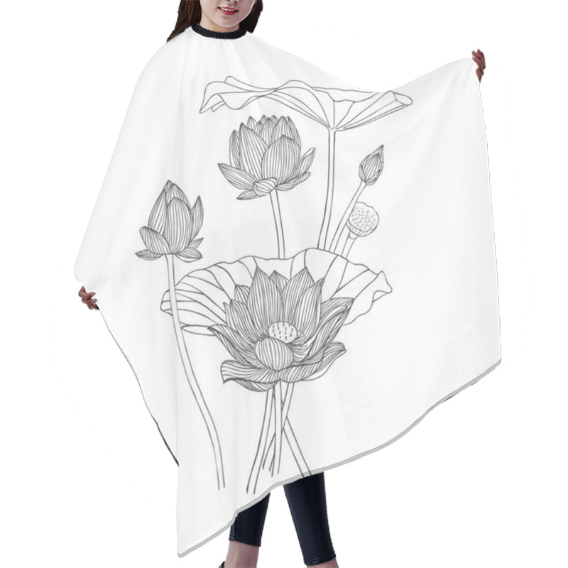 Personality  Engraving Hand Drawn Illustration Of Lotus Flower Bouquet Hair Cutting Cape