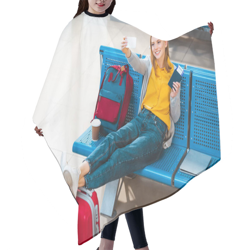 Personality  Smiling Woman Taking Selfie In Airport Near Backpack And Luggage Hair Cutting Cape