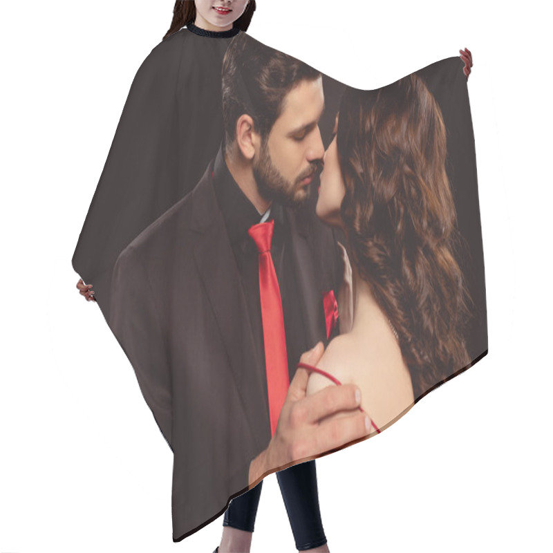 Personality  Elegant Man Kissing Girlfriend While Taking Off Dress Isolated On Black Hair Cutting Cape