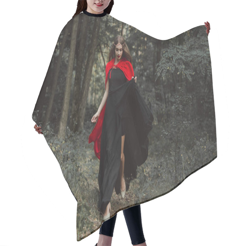 Personality  Elegant Mystic Girl In Black Dress And Red Cloak Running In Woods Hair Cutting Cape