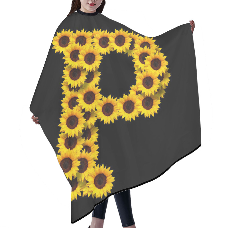 Personality  Capital Letter P Made Of Yellow Sunflowers Flowers Isolated On Black Background. Design Element For Love Concepts Designs. Ideal For Mothers Day And Spring Themes Hair Cutting Cape