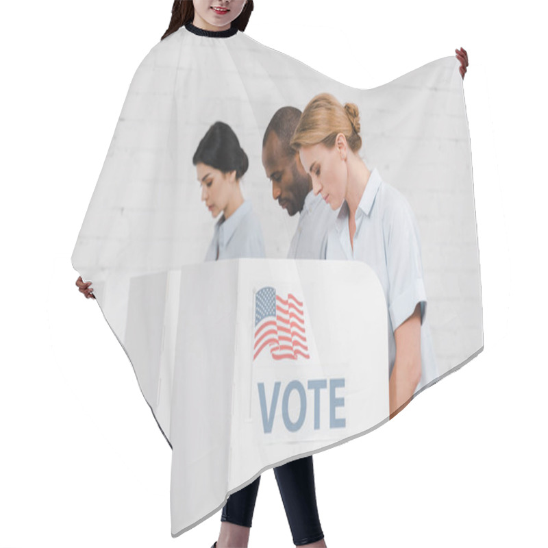 Personality  Side View Of Women And African American Man Voting Near Vote Lettering And Brick Wall  Hair Cutting Cape