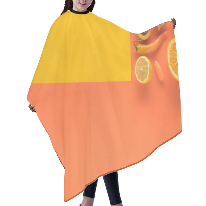 Personality  Top View Of Yellow Fruits And Vegetables On Yellow And Orange Background With Copy Space Hair Cutting Cape