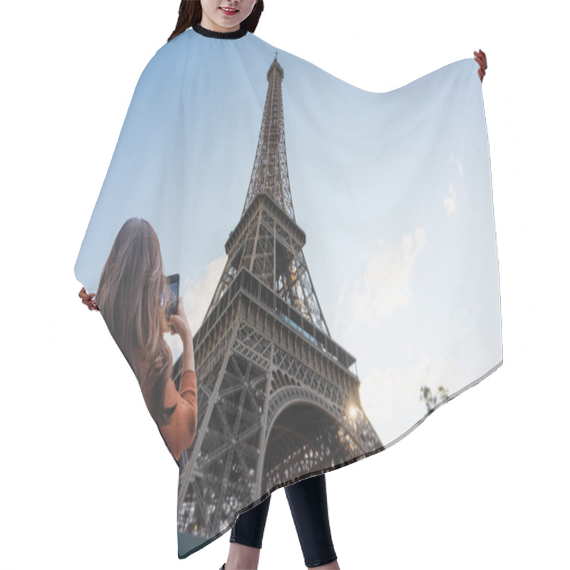 Personality  Traveler Woman Taking Photo Of Eiffel Tower, Famous Landmark And Travel Destination In Paris, France By Mobile Smartphone Hair Cutting Cape