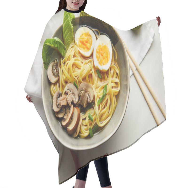 Personality  Top View Of Traditional Asian Ramen In Bowl Near Chopsticks, Napkin And Vegetables On Grey Surface Hair Cutting Cape