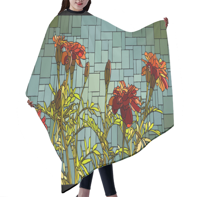 Personality  Vector Angular Mosaic With Blooming Red Marigolds Stained-glass Window Frame. Hair Cutting Cape