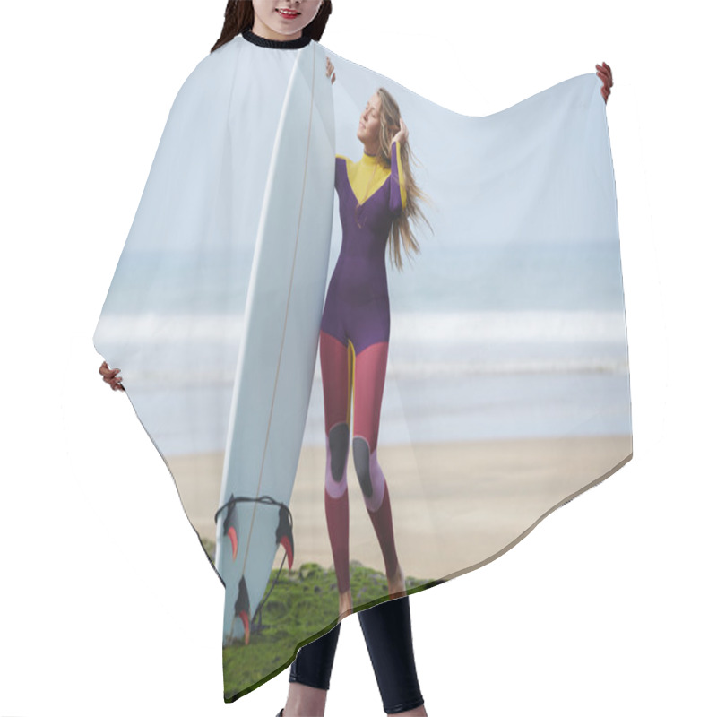 Personality  Sexy Surfer Girt Holding Her Surfboard Against Ocean With Beautiful Waves On Background Hair Cutting Cape