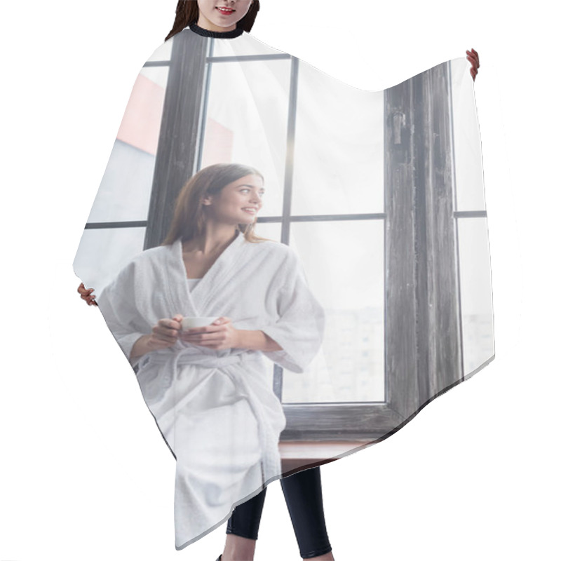 Personality  Pretty Young Adult Woman In Bathrobe Sitting With Cup Of Coffee Near Window At Home Hair Cutting Cape